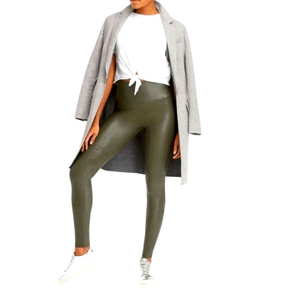 Spanx Faux Leather Leggings In Olive Green Color High Rise Stretchy Sheen SZ L